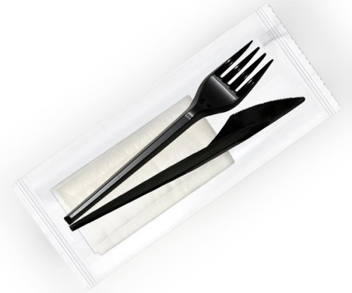 Individually wrapped plastic cutlery set with napkin	